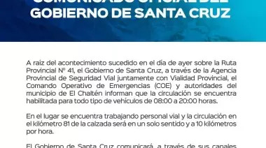 Ruta 41 habilitada hasta las 20 hs.