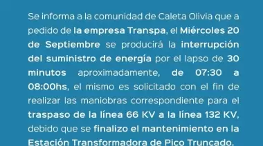 Corte de energía: miercoles 20 a partir de las 7.30 hs