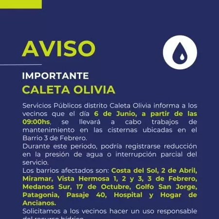 Servicios Públicos anuncia interrupción de agua en varios barrios de Caleta Olivia