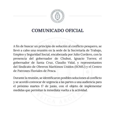 Conflicto Pesquero: Nación convoca a Gobernadores de Santa Cruz y Chubut a reunión junto a sindicatos